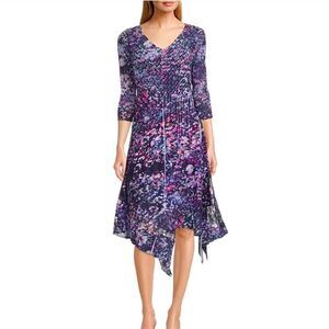 Komarov Chiffon 3/4 Sleeve V-Neck Purple Hybird Hem A-Line Dress‎ M NWT IN PKG